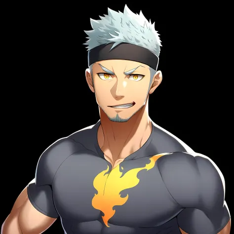 anime characters：Guy, Priapus, 1 young muscular man, male focus, Flame tattoo, Sporty black headband, Dark gray spandex tight T-shirt, muscular male, muscular, only, Upper body, alone, white short hair, stubble, yellow eyes, black background, simple backgr...