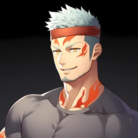 anime characters：Guy, Priapus, 1 young muscular man, male focus, Flame tattoo, Sporty black headband, Dark gray spandex tight T-shirt, muscular male, muscular, only, Upper body, alone, white short hair, stubble, yellow eyes, black background, simple backgr...