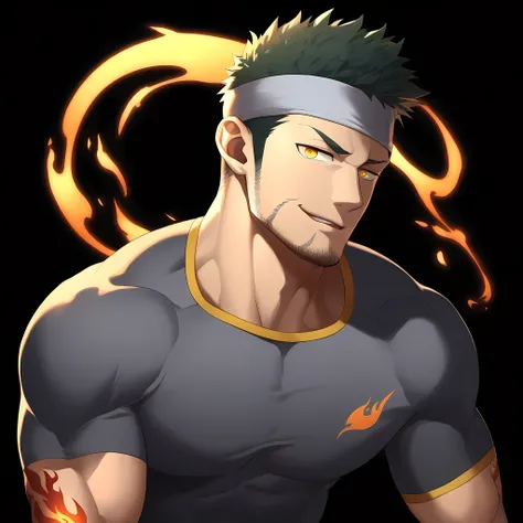 anime characters：Guy, Priapus, 1 young muscular man, male focus, Flame tattoo, Sporty black headband, Dark gray spandex tight T-shirt, muscular male, muscular, only, Upper body, alone, white short hair, stubble, yellow eyes, black background, simple backgr...