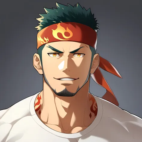 anime characters：Guy, Priapus, 1 young muscular man, male focus, Flame tattoo, Sport red headband, Creamy white spandex tight T-shirt, muscular male, muscular, only, Upper body, alone, short black hair, thick eyebrows, stubble, yellow eyes, White backgroun...