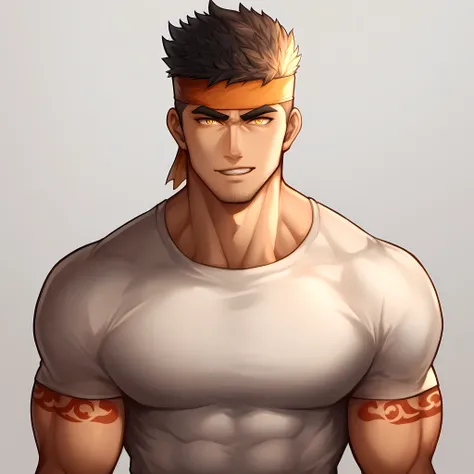 anime characters：Guy, Arcand-Starflame, 1 young muscular man, male focus, Flame tattoo, Sport red headband, Creamy white spandex tight T-shirt, muscular male, muscular, only, Upper body, alone, short black hair, thick eyebrows, stubble, yellow eyes, White ...