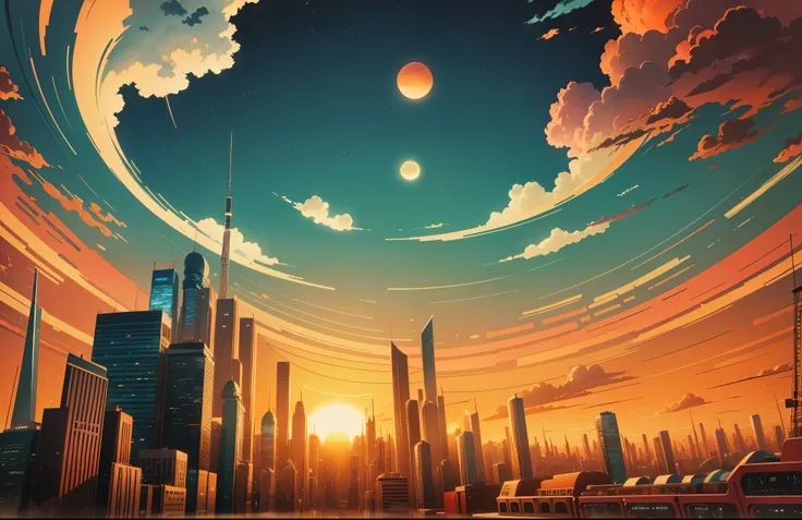 Colorful sky and clouds illustration, planetary city, sunrise, digital illustration style, city View, 