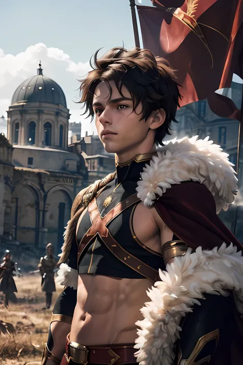 Alexander Fugo, 1 boy, masterpiece, best quality, actual, 14 year old Macedonian boy, Very, very handsome, perfect face, cute face, fur-trimmed cape, crop top, struggle, looking at the audience, battlefield, soft light, Front view, Professional photography...