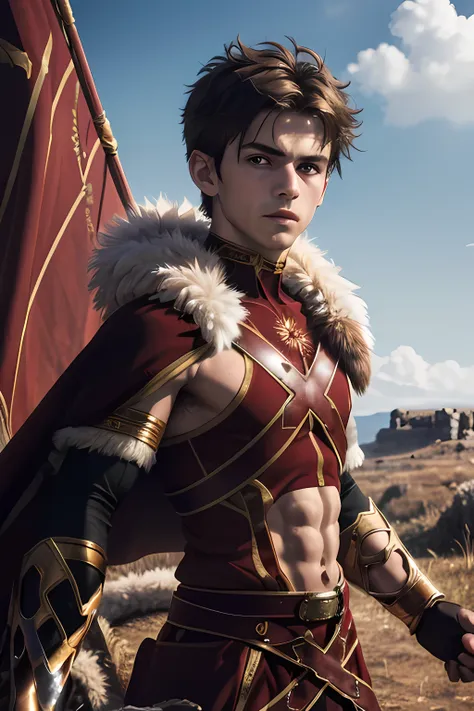 Alexander Fugo, 1 boy, masterpiece, best quality, actual, 14 year old Macedonian boy, Very, very handsome, perfect face, cute face, fur-trimmed cape, crop top, struggle, looking at the audience, battlefield, soft light, Front view, Professional photography...