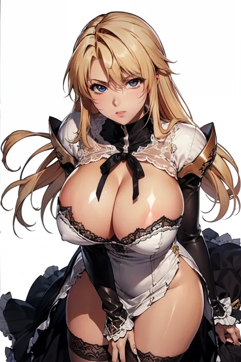 （(leaning forward、bust focus)),anime style、masterpiece、highest quality、1 girl、(big breasts:1.3、shiny skin:1.5)、satella、serious、blonde hair、long hair、cowboy shot、dress、brown cross lace shoes、cleavage、black ribbon、clothing clippings、juliet sleeves、white thig...