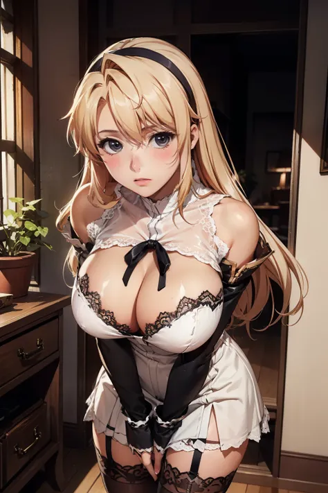 （(leaning forward、bust focus)),anime style、masterpiece、highest quality、1 girl、(big breasts:1.3、shiny skin:1.5,blush)、satella、blonde hair、long hair、cowboy shot、dress、brown cross lace shoes、cleavage、black ribbon、clothing clippings、juliet sleeves、white thigh ...