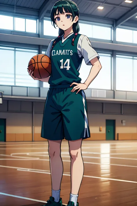 i&#39;m thin、narrow waist、legs are also thin、wearing a basketball uniform、green hair color、eyes are purple、basketball court