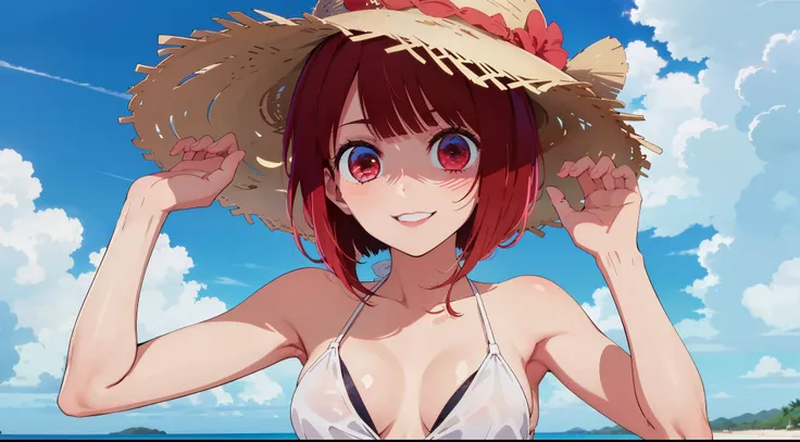 masterpiece, highest quality, ultra high resolution, highest quality, anime style, best writing, beautiful face, masterpiece, very detailed, (1 girl:1.2), redhead, (White low-rise bikini:1.3), (straw hat:1.3), short hair, free pose, upper body, best smile,...