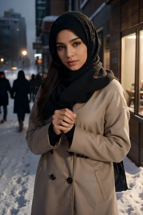 professional portrait photograph of a gorgeous Muslim woman in winter clothing with hijab covers her hair, sultry flirty look, gorgeous symmetrical face, cute natural makeup, wearing elegant warm winter fashion clothing, standing outside in snowy city stre...