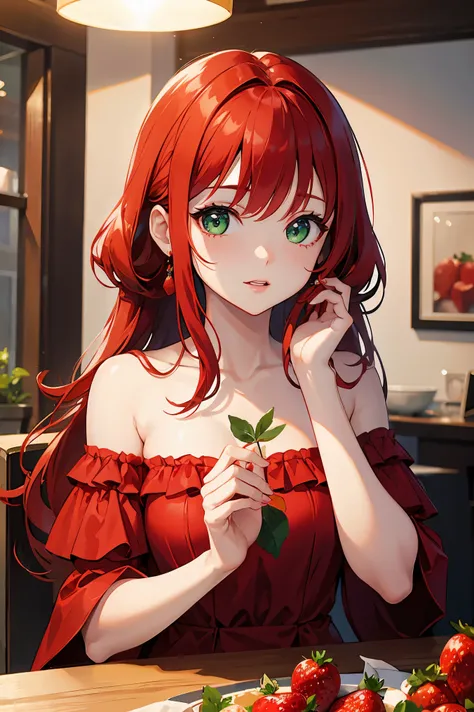 1 female、red hair、green eyes、dense lips、red dress、off shoulder、holding strawberries in your handasterpiece、ultra high resolution、perfect lighting、16K