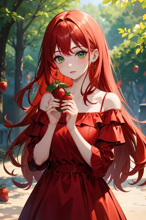 1 female、red hair、green eyes、dense lips、red dress、off shoulder、holding strawberries in your handasterpiece、ultra high resolution、perfect lighting、16K