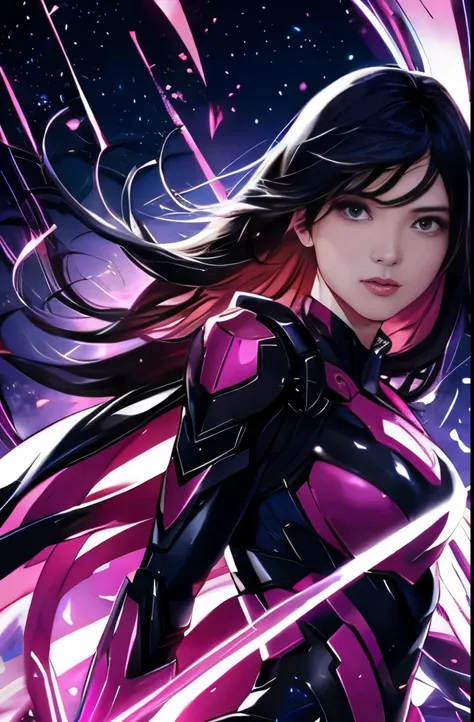 highest quality、special effects、superhero、black haired woman、pink mechanical hero suit、fighting pose、vibrant、the background is t...