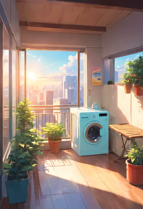 On the spacious and bright balcony，washing machine(1.4),railing,plant，The sun is very good