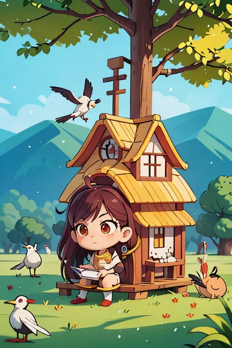 There are many birds next to the table，red-crowned crane，magpie，crow，seagull，swallow，Gather around a girl and watch her draw，Let’s watch that girl paint together，The girls drew a big tree house for them