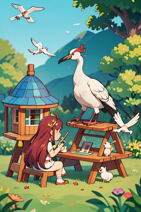 There are many birds next to the table，red-crowned crane，magpie，crow，seagull，swallow，Gather around a girl and watch her draw，Let’s watch that girl paint together，The girls drew a big tree house for them