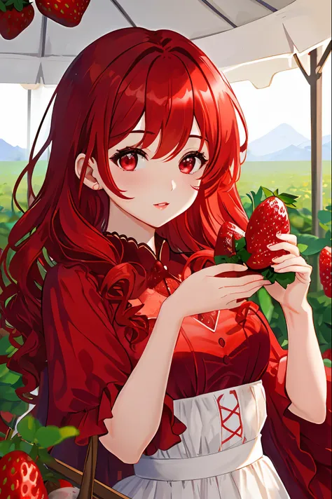 One female、red hair、curly hair、red eyes、well-groomed face、dense lips、red dress、valley、holding strawberries in your hands、Strawberry plantation、Lots of strawberries around、masterpiece、ultra high resolution、perfect lighting、16K