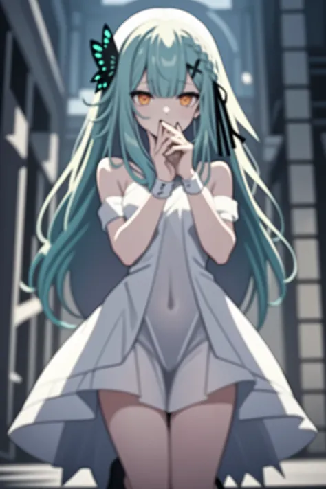 green hair woman,long hair,Beautiful golden eyes,White gauze dress,outfit for dance, Covers all important organs except the face....., Wear a knee-length white dress......,The arms do not reach the top of the hips......,The arms are small...., But the tend...