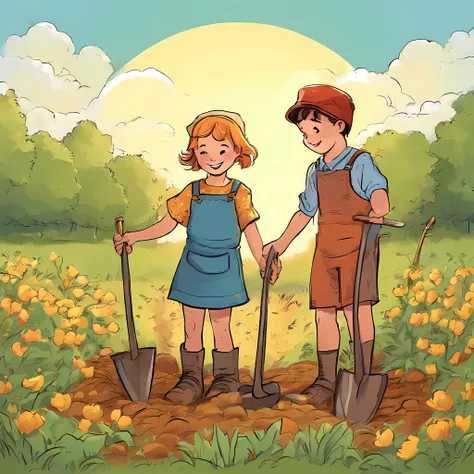 Boy and girls in the field with shovels joyfully and cheerfully dig potatoes.,
And all around is the wonderful beauty of nature and the gentle sun..,
Cute, Thats funny, Beautiful, warm shades