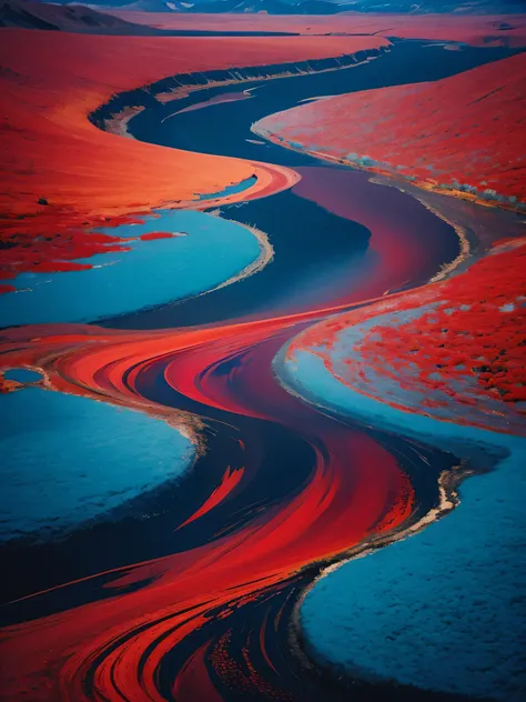 Abstract art red and blue tones liquid effect organic shapes mixed colors dynamic flow sense color clash art canvas texture mountains river earth overlook ecology