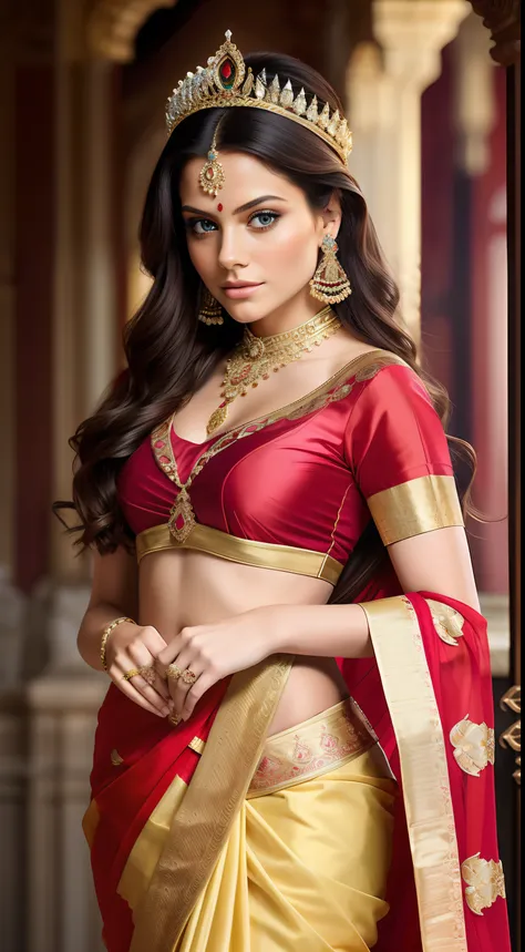 "Stunning portrait of   actress Mackenzie Mace, an enchanting actress, in a cozy and intimate queen attire. She stands gracefully in a regal palace, exuding the aura of an Indian princess.she wear saree. The scene captures the essence of royalty and nobili...