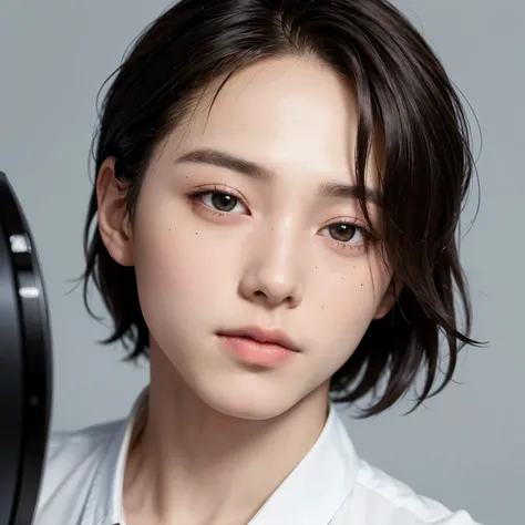 Generates an image of a young man with an androgynous expression and a small face in a photorealistic style. Images must be captured at 8K resolution, Subject must have jet black hair in a slightly wavy mushroom cut style. His hair should completely cover ...