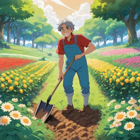 Nice guy with a shovel digs potatoes in the field, where beautiful trees grow., bushes and flowers around, Gentle sun, Move apart the clouds and fly butterflies in the style of Hayao Miyazaki.