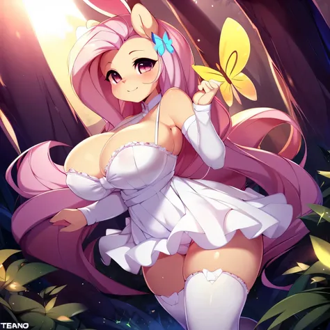 ((8k, ultra-high detail, best quality)), (4k, masterpiece), volumetric lighting, bloom, sun rays, ((fluttershy with big breasts)), white frilly dress, white thigh highs, (uploaded to e621, by doxy, by teranen, by slugbox, by chromapan), magical forest, ((b...