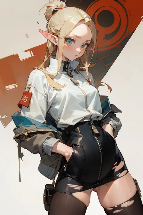 (masterpiece, best quality) detailed, Wearing black tights, silver accessories , zipper unzipped , blonde ,elegant, pointed ears ，Chinese element pattern，thigh，漏出thigh，white shirt，torn clothes