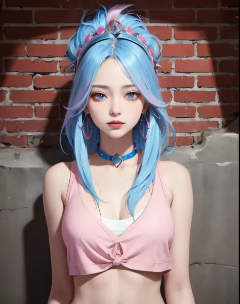 (masterpiece, best quality, 1 girl, alone, intricate details, Color difference), actual, ((medium breathing)),long hair, light blue hair, red headdress, pink highlights, hair covering one eye,purple eyes, earrings, sharp vision, collar, neon shirt, Open ve...