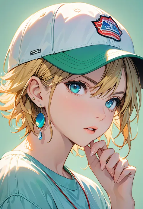 Tetsuya Nomura, masterpiece, best quality, 1 girl, aqua eyes, baseball cap, blonde hair, Keep your mouth shut, earrings, green background, have, hoop earrings, jewelry, looking at the audience, shirt, short hair, simple background, alone, Upper body, yello...