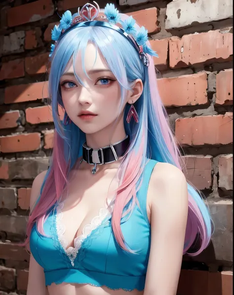 (masterpiece, best quality, 1 girl, alone, intricate details, Color difference), actual, ((medium breathing)),long hair, light blue hair, red headdress, pink highlights, hair covering one eye,purple eyes, earrings, sharp vision, collar, neon shirt, Open ve...