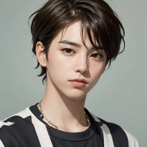Generate an image of a young man with a neutral expression and a small face in a photorealistic style. The image should be captured in 8K resolution, and the subject should have jet-black hair in a mushroom cut style with a slight wave. His hair should com...