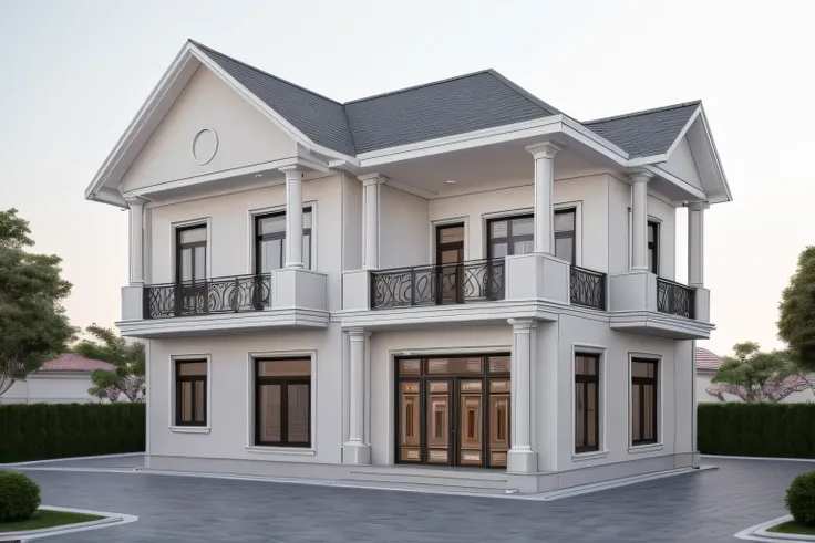 RAW photo, Masterpiece, high quality, best quality, realistic, super detailed, exterior, villa, grey tile roof, opaque white walls, HD, sunshine, fullframe with 24f1.4 lens