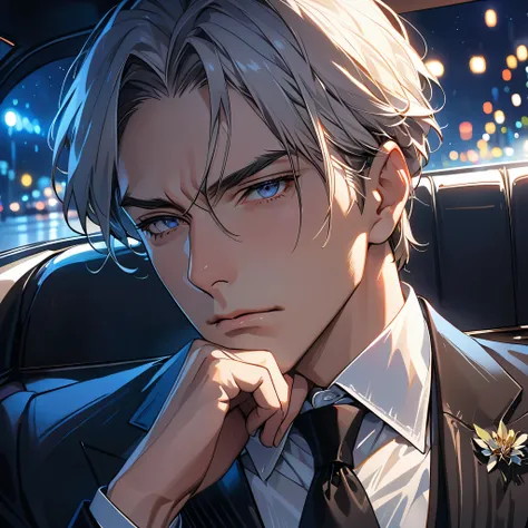 ridiculous resolution, high resolution, (masterpiece: 1.4), Ultra-detailed, 1 boy, Face focus, night, mature man, Successful people, black suit, jacket, White shirt, Serious and cold expression, sitting in a limo (1.3)