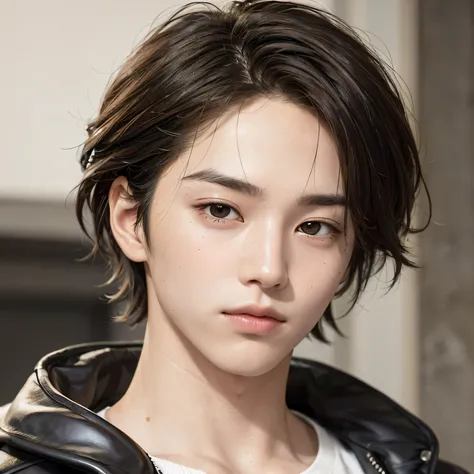 Generate an image of a young man with a neutral expression and a small face in a photorealistic style. The image should be captured in 8K resolution, and the subject should have jet-black hair in a mushroom cut style with a slight wave. His hair should com...