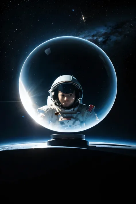 an astronaut floating in space，Next to it is Space City，There is a beautiful garden inside，Helmet glass reflecting blue earth