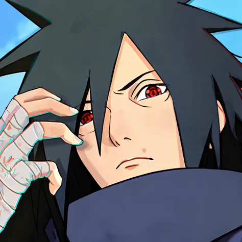 masterpiece， best quality，bright color，uchiha madara，hansome，fair skin，紫色长发的uchiha madara，red shura eye，frown，disdain，cold expre...