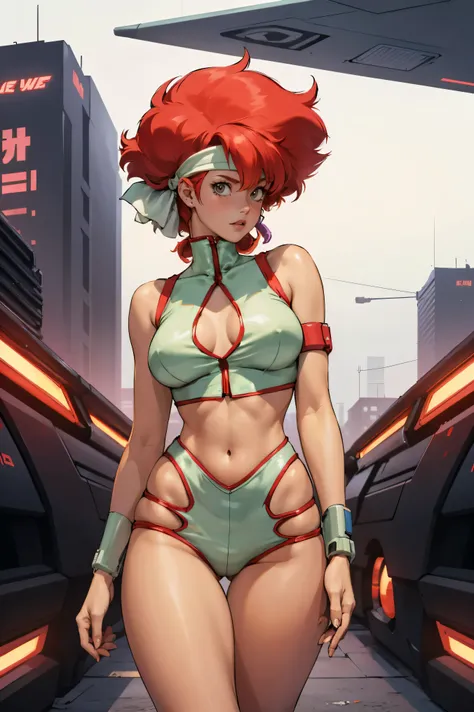 Kei from The Dirty Pair, , wearing a tight outfit, frame, legs, medium breast, red hair beauty, cyberpunk city background, holding retro space-gun, headband, slim waist, slim thighs, thigh gap