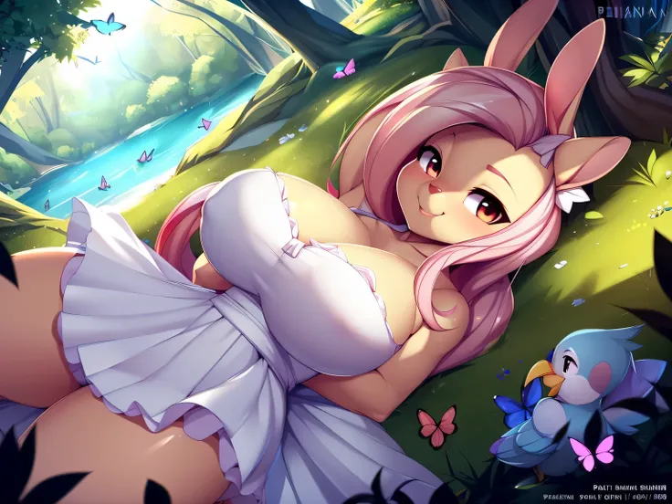 (solo, 1girl), ((8k, ultra-high detail, best quality)), (4k, masterpiece), volumetric lighting, bloom, sun rays, being watched, ((fluttershy with large breasts)), ((white frilly dress)), (laying on back), white thigh highs, (uploaded to e621, by doxy, by t...