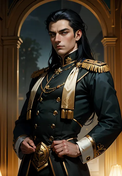 Russian Empire, garden of light shades, 19th century, man aged 30, young man, stern-looking, strong build, aristocrat, with very long black hair, golden eyes, in a military imperial uniform of the 19th century, hd