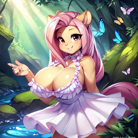 (solo, 1girl), ((8k, ultra-high detail, best quality)), (4k, masterpiece), volumetric lighting, bloom, sun rays, being watched, ((fluttershy with large breasts)), ((white frilly dress)), white thigh highs, (uploaded to e621, by doxy, by teranen, by slugbox...