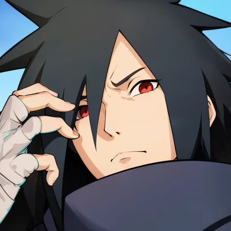 bright color,Uchiha Madara,hansome,fair skin,紫色长发的Uchiha Madara,Red Shura Eye,frown,disdain,cold expression,gray long hair,Wearing purple robe,Naruto the strongest,