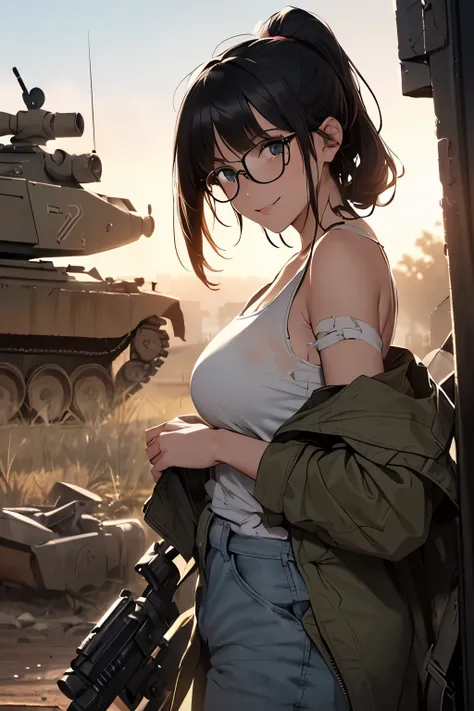 ((wide angle image)), beautiful female veteran, black hair in a ponytail, bangs, wearing large glasses, with a wound, injured, smiling confidently, (((wearing a white military tank top, layered with a ww2 Oversized military shirt, wearing ww2 military pant...