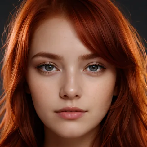 face closeup,open eyes,redhead,dark theme, detailed skin, empty background