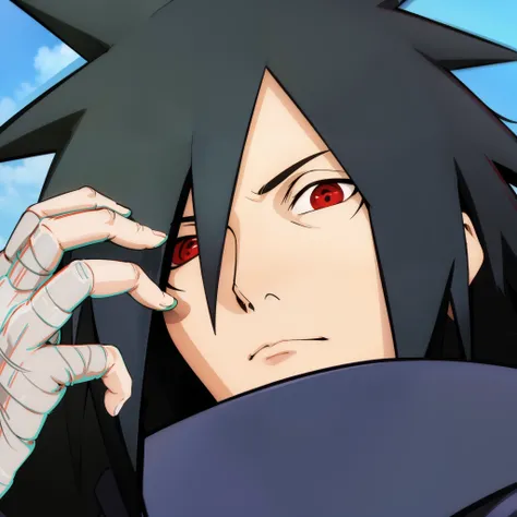 bright color,Uchiha Madara,hansome,Red Shura Eye,frown,disdain,cold expression,fair skin,紫色长发的Uchiha Madara,gray long hair,Wearing purple robe,Naruto the strongest,