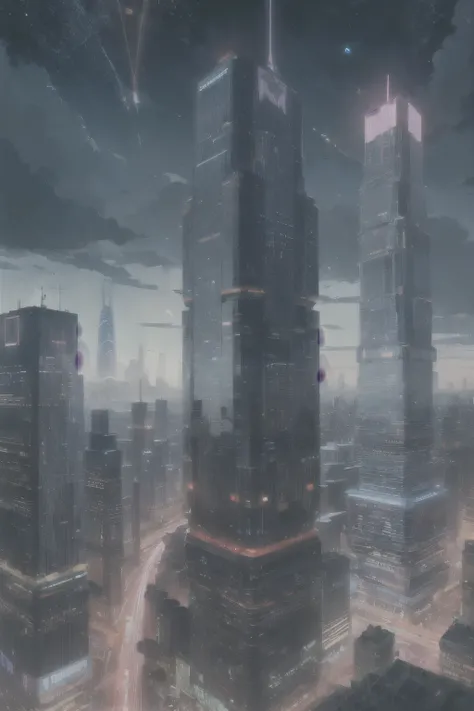 Wide shot of a vast, futuristic cityscape: Neon lights flicker, flying cars zip by, and towering skyscrapers pierce the clouds, setting the stage for the futuristic world of the anime.