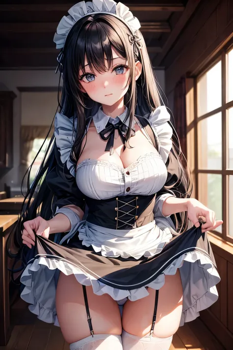 1 girl, disorganized, High resolution, super sharp, 8k, masterpiece, looking at the viewer, human, thighs, (big :1.5), huge 胸, long hair, black hair, skirt lift, maid headdress, maid apron, frills, thighsの高さ, blush