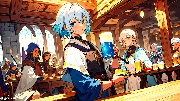 (masterpiece,highest quality),medieval europe,A lively tavern,adventurer group,female wizard,female wizard,Male Swordsman,Male Swordsman,celebrate with beer,smile,detailed expression