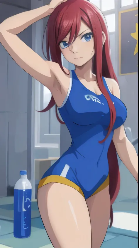 anime girl with red hair and blue shorts holding a bottle of water, Erza Scarlet como uma pessoa real, [ arte digital 4k ]!!,  anime drinks energy drink, garota anime sedutora,  apta, estilo anime 4k, 4K manga wallpaper, trabalhando fora, arte digital deta...