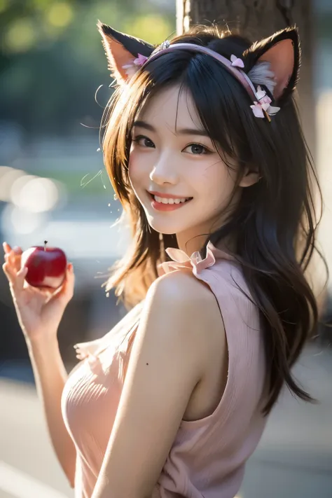 Hand holding a red apple，blue top